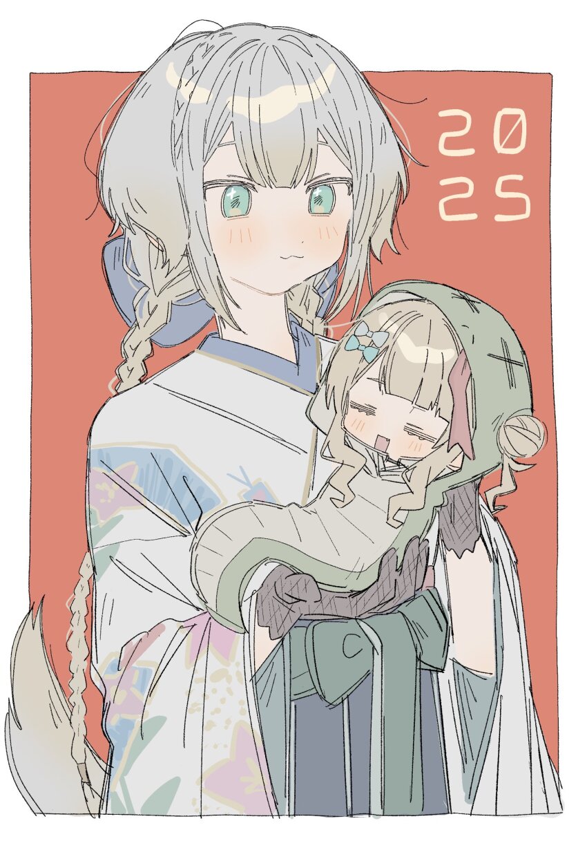 2025 :3 animal_costume animal_ears black_gloves blonde_hair blue_hakama blue_ribbon blue_sash blunt_bangs blush braid carrying closed_eyes dog_ears dog_tail floppy_ears gloves green_eyes grey_hair hair_bun hair_ornament hair_ribbon hakama happy_new_year highres japanese_clothes kaburaki_roco kimono lace lace_gloves new_year nijisanji open_mouth print_kimono ribbon sash shioriha_ruri shioriha_ruri_(1st_costume) snake_costume tail virtual_youtuber wanwa white_kimono wide_sleeves