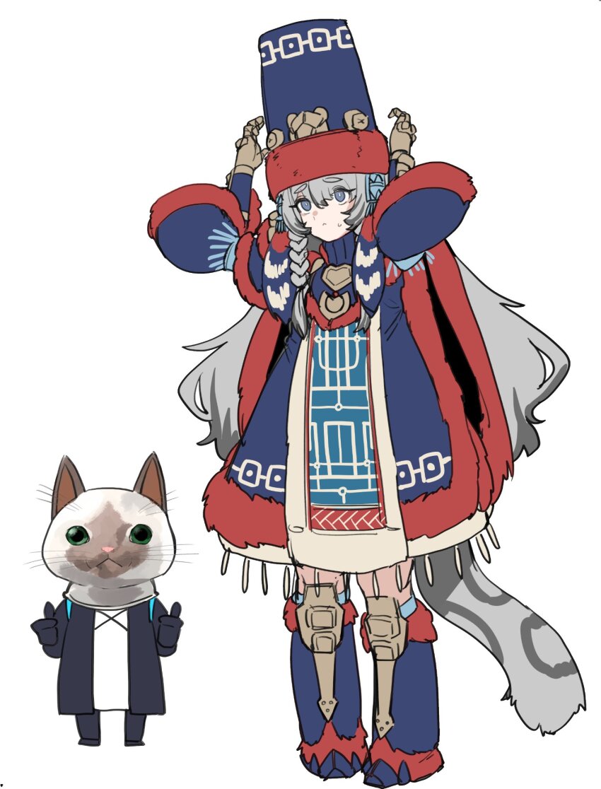 1girl 1other :&lt; ambiguous_gender arknights arms_up black_coat black_gloves blue_coat blue_footwear blue_headwear boots braid chibi chibi_inset coat colored_tips commentary_request cosplay doctor_(arknights) double_thumbs_up felyne felyne_(cosplay) full_body fur-trimmed_coat fur-trimmed_headwear fur_trim gammoth_(armor) gauntlets gloves grey_eyes grey_hair highres knee_boots leopard_girl leopard_tail long_hair looking_at_viewer looking_up mascot_head monster_hunter_(series) monster_hunter_x multicolored_coat multicolored_hair pigeon-toed pramanix_(arknights) red_coat shima_(wideshi_ma) side_braids simple_background solo_focus standing sweatdrop tabard tail tall_hat thick_eyebrows thumbs_up white_background