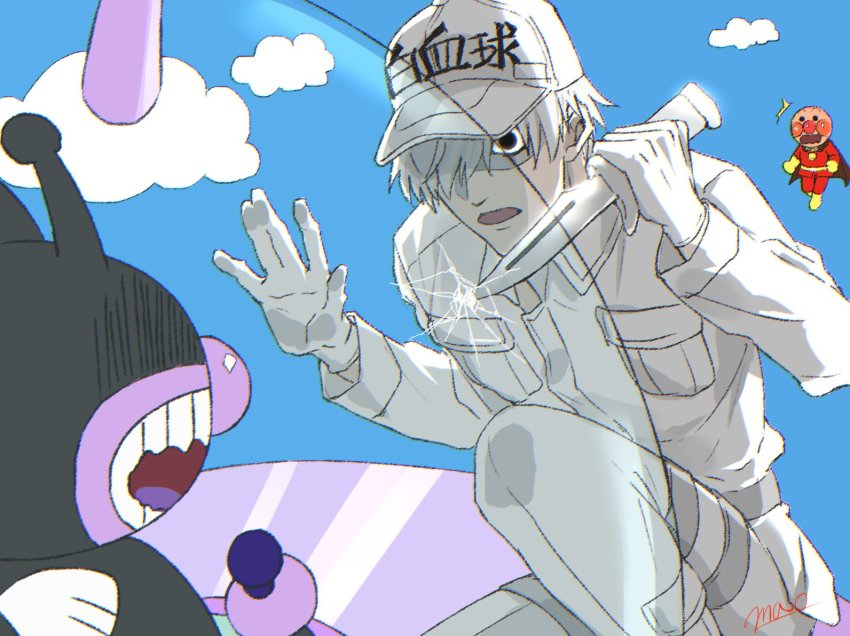 10s 3boys anpanman anpanman_(character) baikinman cape crack cracked_glass crossover flying gloves hair_over_one_eye hataraku_saibou knife male_focus multiple_boys open_mouth pale_skin shaded_face u-1146 ufo white_blood_cell_(hataraku_saibou) white_gloves white_hair
