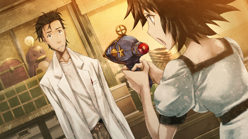 1boy 1girl adam&#039;s_apple aiming aqua_eyes at_gunpoint beard_stubble belt betrayal black_belt black_hair black_trim blue_dress blue_eyes breast_pocket breasts brown_pants clenched_teeth coat collarbone constricted_pupils dress dutch_angle facial_hair game_cg grey_eyes highres holding_toy_gun huke lab_coat lapels leather_belt long_sleeves medium_breasts medium_hair messy_hair nape non-web_source notched_lapels object_in_pocket official_art okabe_rintarou open_mouth pants parted_lips pen_in_pocket pocket puffy_short_sleeves puffy_sleeves ringed_eyes shiina_mayuri shirt shirt_partially_tucked_in short_sleeves sideboob square_pupils steins;gate steins;gate:_linear_bounded_phenogram stubble surprised t-shirt tareme teeth tongue toy_gun underboob white_coat white_shirt