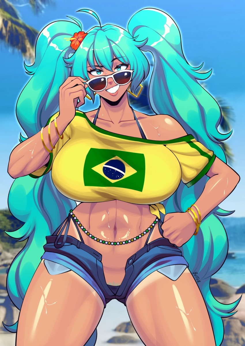 1girl adjusting_eyewear ahoge alternate_breast_size aqua_eyes aqua_hair aqua_pubic_hair belly_chain bikini bikini_tan bracelet brazilian_miku breasts butter_sugoi colored_pubic_hair crop_top cropped_shirt flower grin hair_flower hair_ornament hand_on_own_hip hatsune_miku highres hoop huge_breasts jewelry micro_bikini micro_shorts multiple_bracelets narrow_waist navel open_fly photo_background pubic_hair pubic_hair_peek shirt shorts smile solo sunglasses swimsuit tan tanline tied_shirt vocaloid white-framed_eyewear