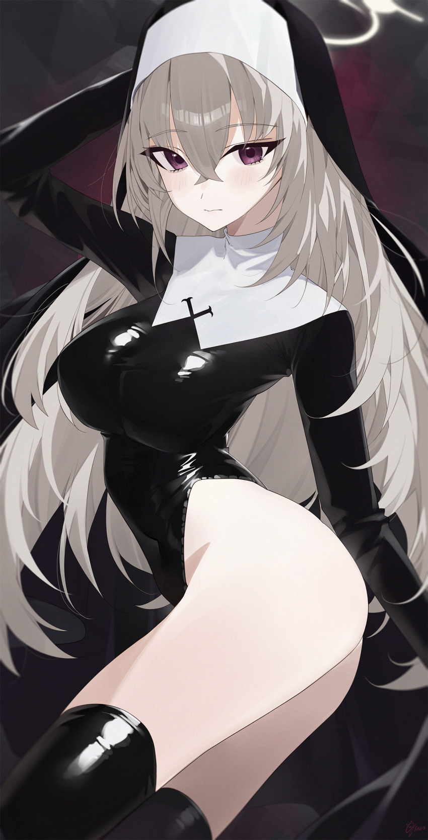 1girl absurdres black_leotard black_thighhighs blue_archive breasts crossed_bangs gloved_sleeves grey_hair halo highleg highleg_leotard highres justina_follower_(blue_archive) kaa-san large_breasts latex latex_leotard latex_thighhighs leotard long_hair long_sleeves looking_at_viewer nun purple_eyes sakurako_(blue_archive) solo thighhighs thighs