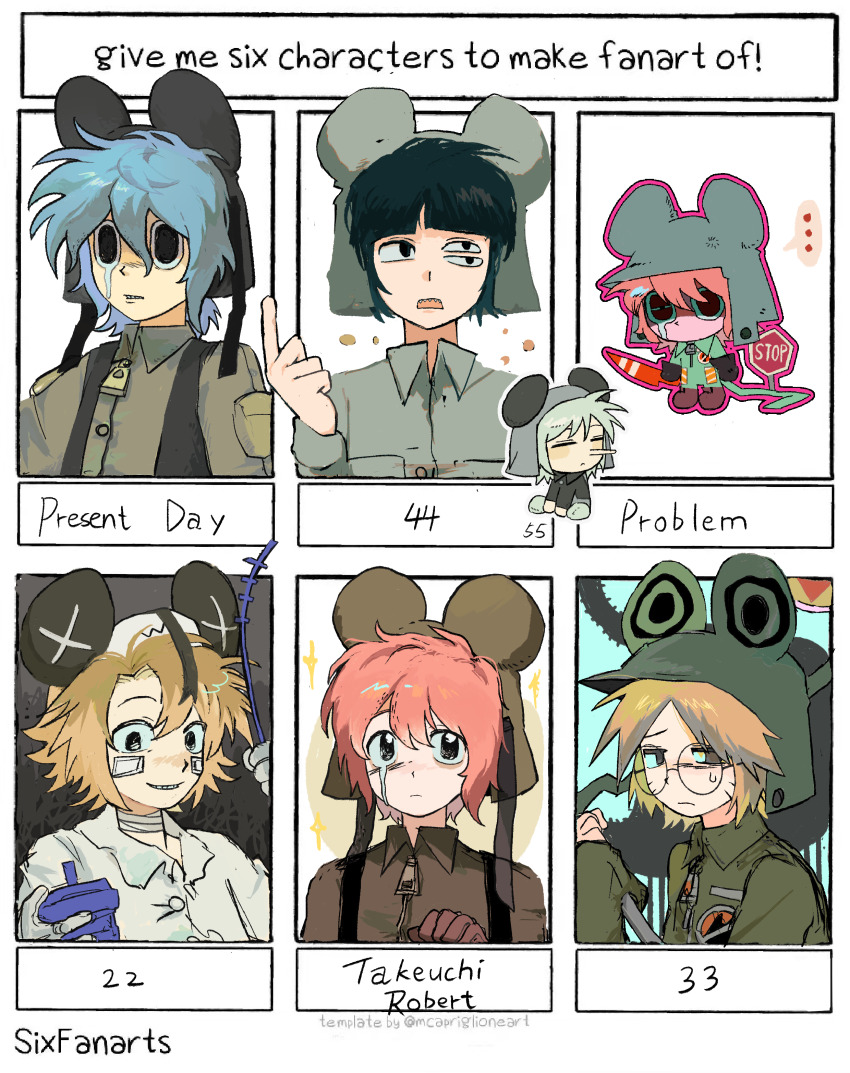 6+boys absurdres animal_hat black_eyes green_jacket hat highres jacket kinder_surprised_michael_jr. male_focus military_uniform mouse_hat multiple_boys multiple_drawing_challenge present_day_problem_takeuchi_robert randal&#039;s_friends ratman_3_(randal&#039;s_friends) ratman_4_(randal&#039;s_friends) ratman_5_(randal&#039;s_friends) short_hair six_fanarts_challenge upper_body vest xianning233