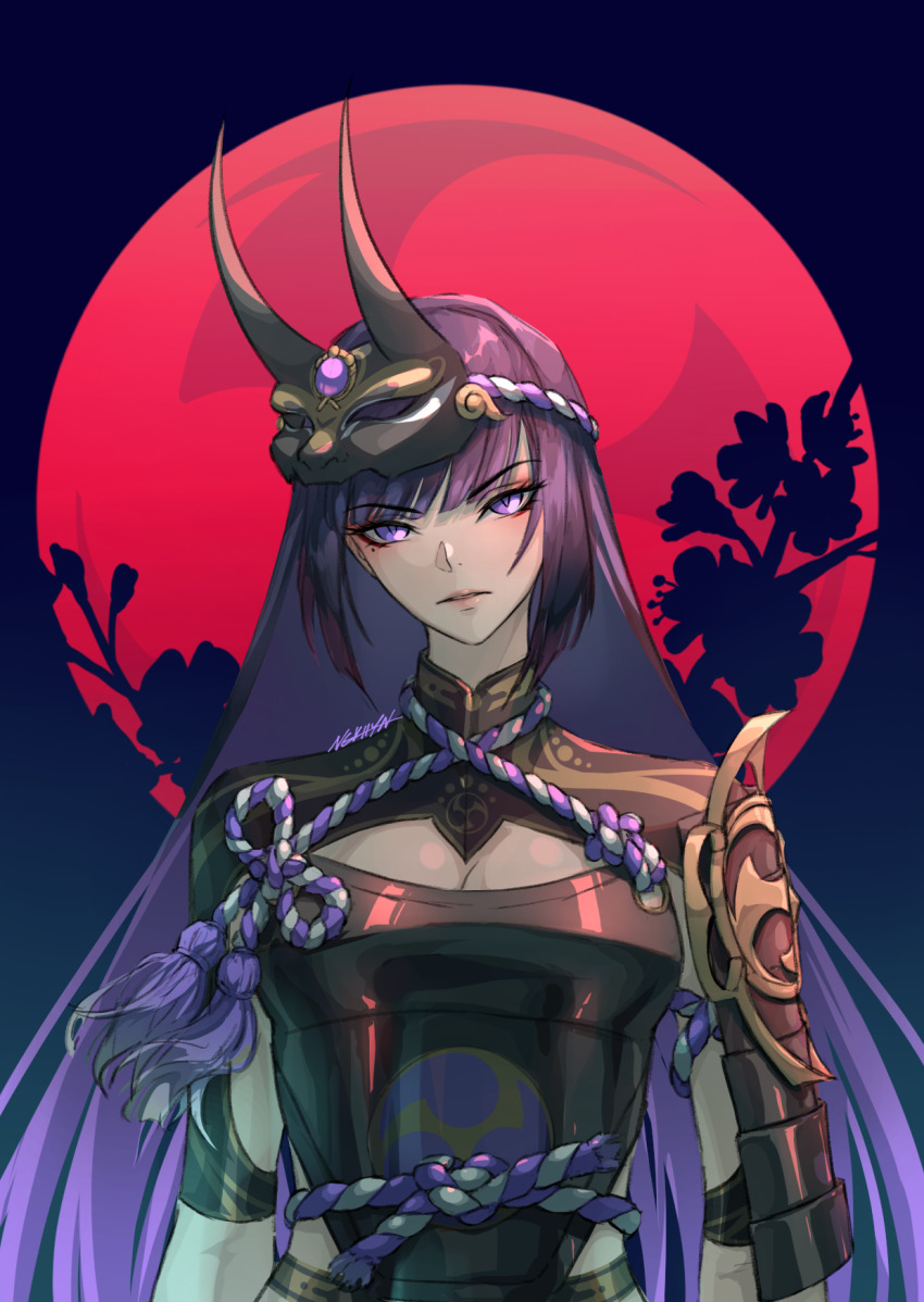 1girl alternate_costume alternate_universe armor artist_name blunt_bangs branch breasts cleavage cleavage_cutout clothing_cutout commentary_request electro_symbol_(genshin_impact) eyeliner fake_horns genshin_impact gradient_hair hair_down head_tilt highres horns japanese_armor japanese_clothes large_breasts long_sleeves looking_at_viewer makeup mask mask_on_head mitsudomoe_(shape) mole mole_under_eye moon multicolored_hair ngkhyn parted_lips pink_lips purple_eyes raiden_shogun red_eyeliner red_moon redesign rope shogun shoulder_armor signature solo standing tomoe_(symbol) upper_body