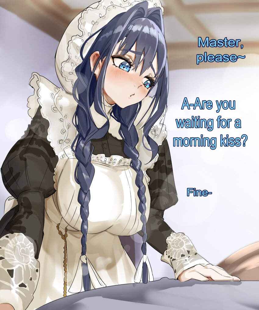 1girl absurdres apron averting_eyes black_dress black_hair blue_eyes blush braid breasts ceiling commentary dress english_commentary english_text hair_intakes hat highres hololive hololive_english indoors juliet_sleeves koizumi_arata long_hair long_sleeves low_twin_braids maid maid_apron mob_cap official_alternate_costume official_alternate_hairstyle open_mouth ouro_kronii ouro_kronii_(maid) parted_lips puffy_sleeves solo tsundere twin_braids virtual_youtuber white_apron