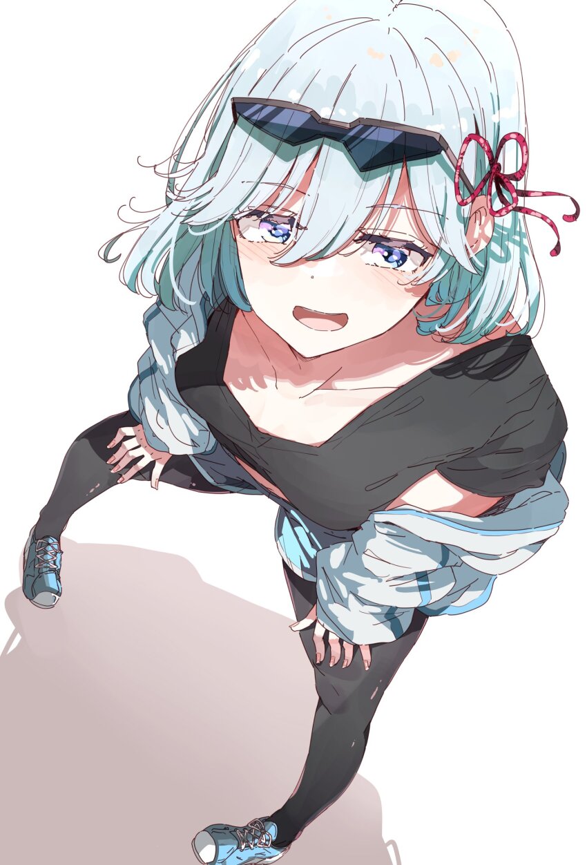 1girl amagami-san_chi_no_enmusubi amagami_asahi black_leggings black_shirt blue_eyes blue_hair blue_jacket blue_shoes blue_shorts breasts collarbone eyewear_on_head foreshortening from_above full_body hair_ribbon hands_on_own_thighs highres jacket leaning_forward leggings leggings_under_shorts legs_apart looking_at_viewer nyoijizai off_shoulder open_clothes open_jacket open_mouth red_ribbon ribbon shirt shoes short_hair shorts small_breasts sneakers solo standing sunglasses t-shirt