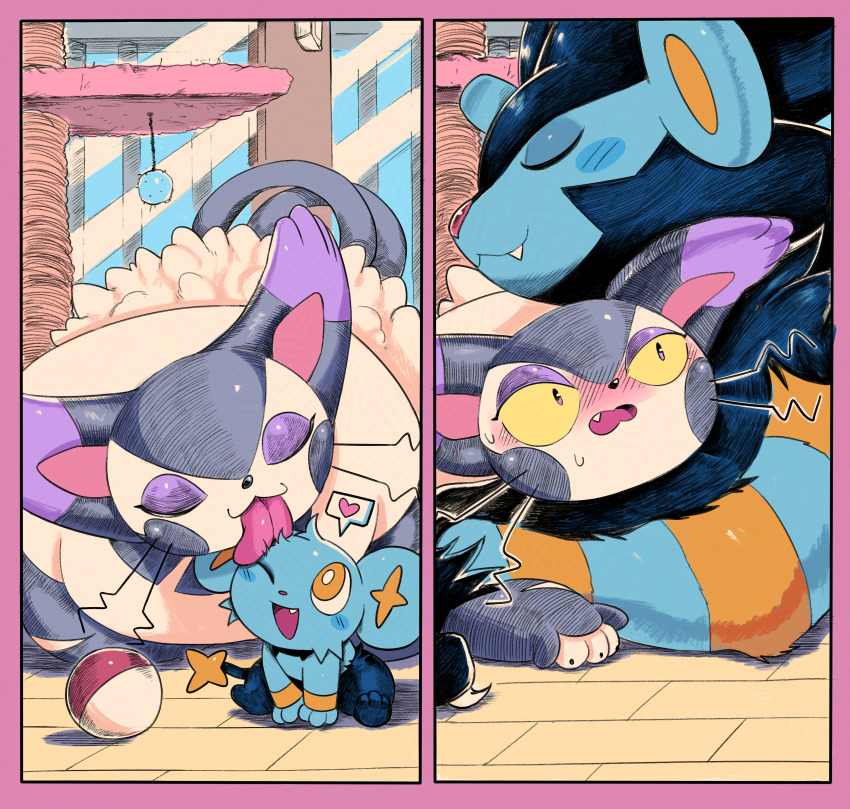:3 absurdres animal_focus before_and_after black_claws blush border bright_pupils cat claws closed_eyes closed_mouth colored_sclera commentary cuddling english_commentary english_text evolutionary_line fang fangs fluffy flustered full_body game_freak gen_4_pokemon heart highres hug indoors licking licking_another light_rays looking_at_another luxray lying nintendo no_humans one_eye_closed open_mouth orange_eyes pink_border poke_ball pokemon pokemon_(creature) powerandy purple_eyes purugly role_reversal scratching_post shinx sitting size_difference sleeping smile speech_bubble spoken_heart sunbeam sunlight sweat sweatdrop teeth tongue tongue_out upper_body whiskers white_pupils yellow_sclera