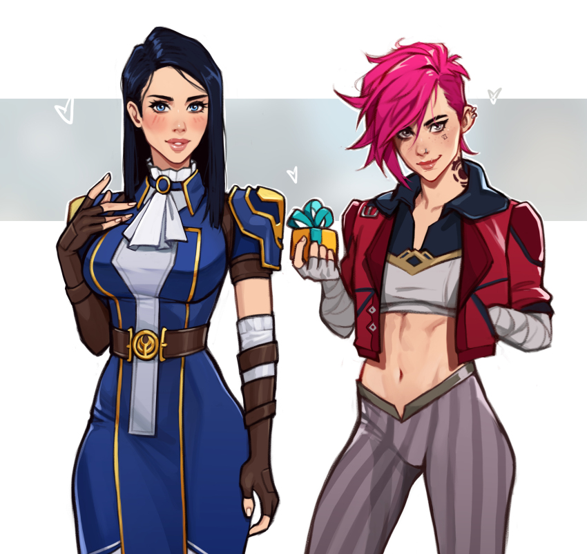 2girls absurdres arcane:_league_of_legends arcane_caitlyn arcane_vi ascot asymmetrical_hair bandaged_arm bandages black_hair blue_dress blue_eyes blush brown_gloves caitlyn_(league_of_legends) collarbone dress earrings fingerless_gloves gift gloves grey_background grey_pants highres holding holding_gift jacket jewelry league_of_legends long_hair multiple_girls navel olena_minko open_clothes open_jacket pants red_jacket short_sleeves sidecut smile stomach striped_clothes striped_pants teeth undercut vi_(league_of_legends) white_ascot white_background