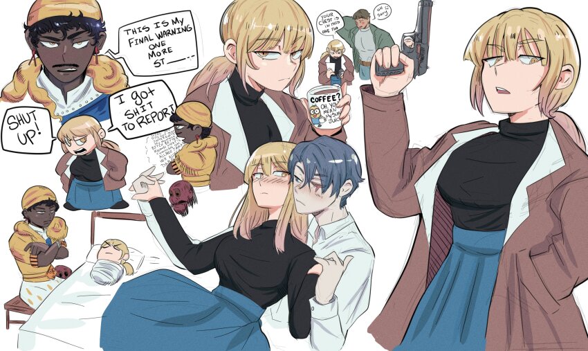 1girl 4boys absurdres african_clothes black_hair black_sweater blonde_hair blue_eyes blue_hair blue_skirt blush bomber_jacket breasts brown_hair brown_jacket chibi chibi_inset coffee coffee_mug commentary crossed_arms cup daan_(fear_&amp;_hunger) dark-skinned_male dark_skin despicable_me disembodied_head earrings english_text facial_hair fear_&amp;_hunger fear_&amp;_hunger_(series) fear_&amp;_hunger_2:_termina finger_on_trigger green_jacket gun hand_in_pocket handgun hat hetero highres holding holding_cup holding_hands jacket jewelry karin_(fear_&amp;_hunger) large_breasts marcoh_(fear_&amp;_hunger) meme minion_(despicable_me) mug multiple_boys multiple_views mustache nas&#039;hrah_(fear_&amp;_hunger) no_eyepatch no_jacket o&#039;saa_(fear_&amp;_hunger) onac911 open_clothes open_jacket ponytail print_mug retsu_kaioh&#039;s_head_lying_in_a_hospital_bed_(meme) scar scar_across_eye scar_on_face shirt simple_background skirt speech_bubble sweater turtleneck turtleneck_sweater weapon white_background white_shirt yellow_eyes yellow_hat