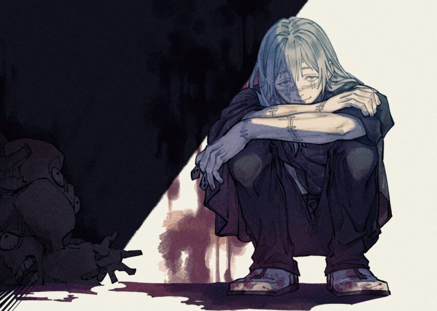 1boy black_pants black_shirt blood blood_on_shoes blood_on_wall crossed_arms cursed_spirit_(jujutsu_kaisen) grey_hair hair_between_eyes jujutsu_kaisen mahito_(jujutsu_kaisen) male_focus mim_(mimya0600) pants pile_of_corpses shirt shoes solo squatting stitched_arm stitched_face stitches tareme white_shoes