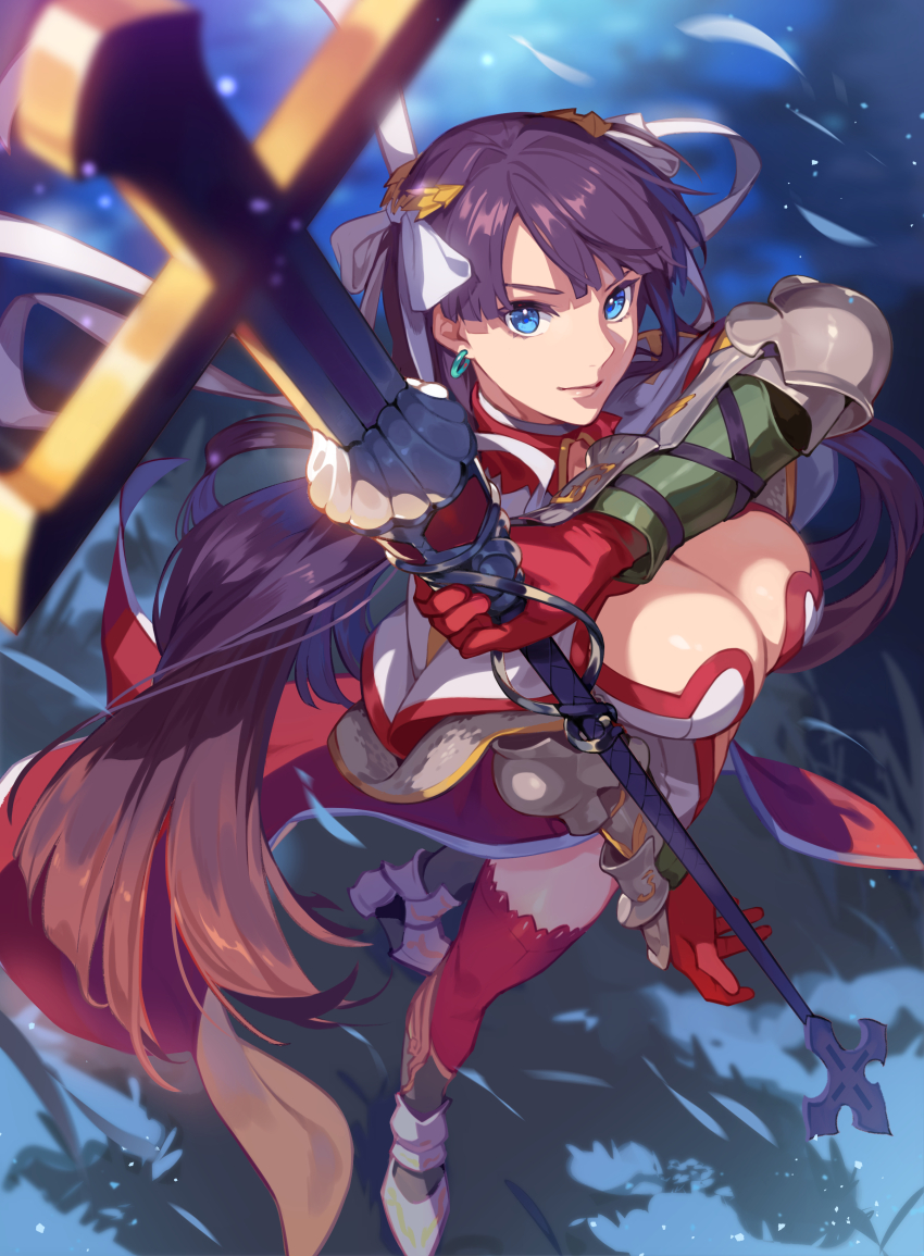 1girl absurdres blue_eyes blunt_bangs breasts center_opening cross earrings fate/grand_order fate_(series) from_above full_body gauntlets gloves hair_ribbon highres holding holding_staff jewelry large_breasts long_hair looking_at_viewer martha_(fate) purple_hair red_gloves ribbon shadow solo staff straight_hair uedrk_yamato white_ribbon