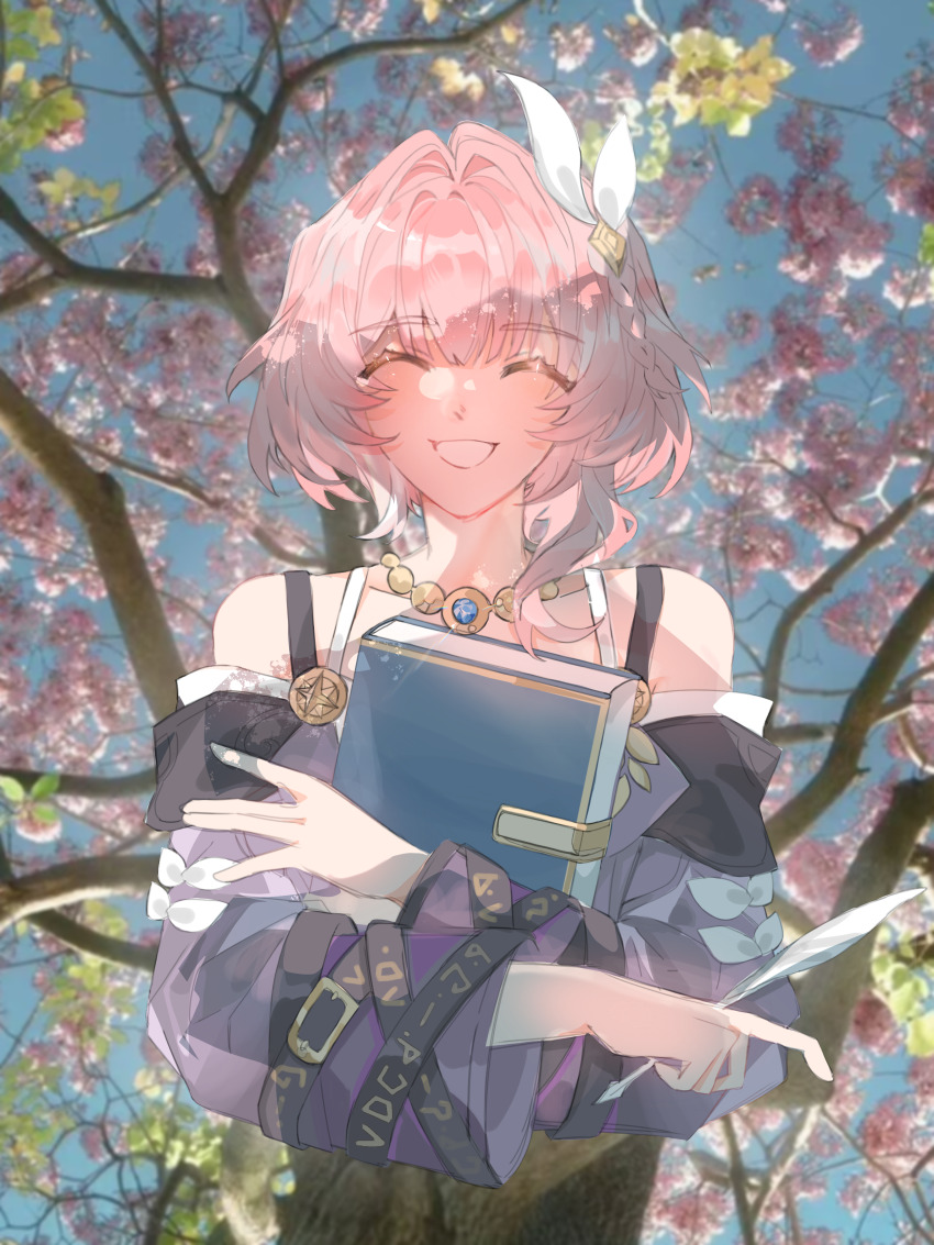 1girl ^_^ absurdres bare_shoulders book closed_eyes cyrene_(honkai:_star_rail) dress facing_viewer hair_intakes hair_ribbon highres holding holding_book honkai:_star_rail honkai_(series) jewelry long_sleeves necklace off-shoulder_dress off_shoulder pink_hair purple_dress ren_(yihuanbierhuanshaoyihuan) ribbon short_hair solo upper_body white_ribbon