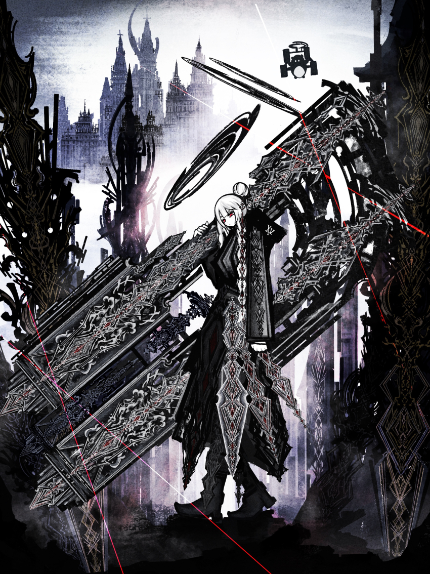 1girl absurdres architecture coat drone from_side glint gothic_architecture halo highres huge_weapon original red_eyes riz_kira spot_color standing weapon