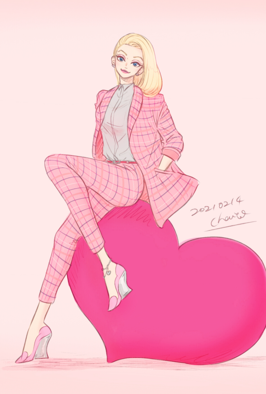 1girl alternate_costume animification artist_name blonde_hair chai_5 daisy_duck disney full_body heart high_heels highres humanization long_hair looking_at_viewer mickey_mouse_&amp;_friends pants personification pink_skirt signature skirt smile solo