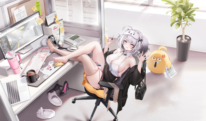 1girl :p absurdres ahoge armpit_crease artist_request azur_lane bare_legs bare_shoulders barefoot black_coat black_skirt breasts button_gap buttons chair cleavage closed_mouth coat collared_shirt computer covered_navel cup dress_shirt fang feet gradient_hair grey_eyes hands_up high-waist_skirt highres hip_vent holding large_breasts legs_up long_sleeves looking_at_viewer manjuu_(azur_lane) miniskirt mug multicolored_hair no_bra non-web_source off_shoulder office_chair official_alternate_costume official_art open_clothes open_coat pencil_skirt reclining see-through_cleavage see-through_clothes see-through_thighhighs shirt sideboob sideless_shirt single_sock_removed single_thighhigh sitting skindentation skirt sleep_mask sleeveless sleeveless_shirt smile smug soles solo streaked_hair swivel_chair thick_eyebrows thighhighs thighs toes tongue tongue_out torn_clothes torn_socks torn_thighhighs two_side_up v-shaped_eyebrows white_shirt white_thighhighs z13_(azur_lane) z13_(strategic_date_solution)_(azur_lane)