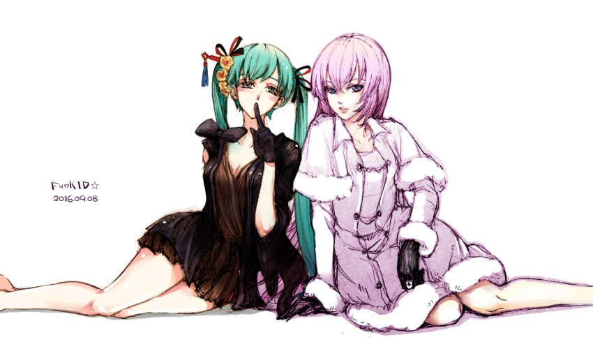 2girls aqua_eyes aqua_hair black_dress black_gloves blue_eyes coat dress dye_(vocaloid) finger_to_mouth funkid fur_coat fur_trim gloves hatsune_miku highres megurine_luka multiple_girls pink_hair project_diva_(series) project_diva_f_2nd sitting twintails vocaloid
