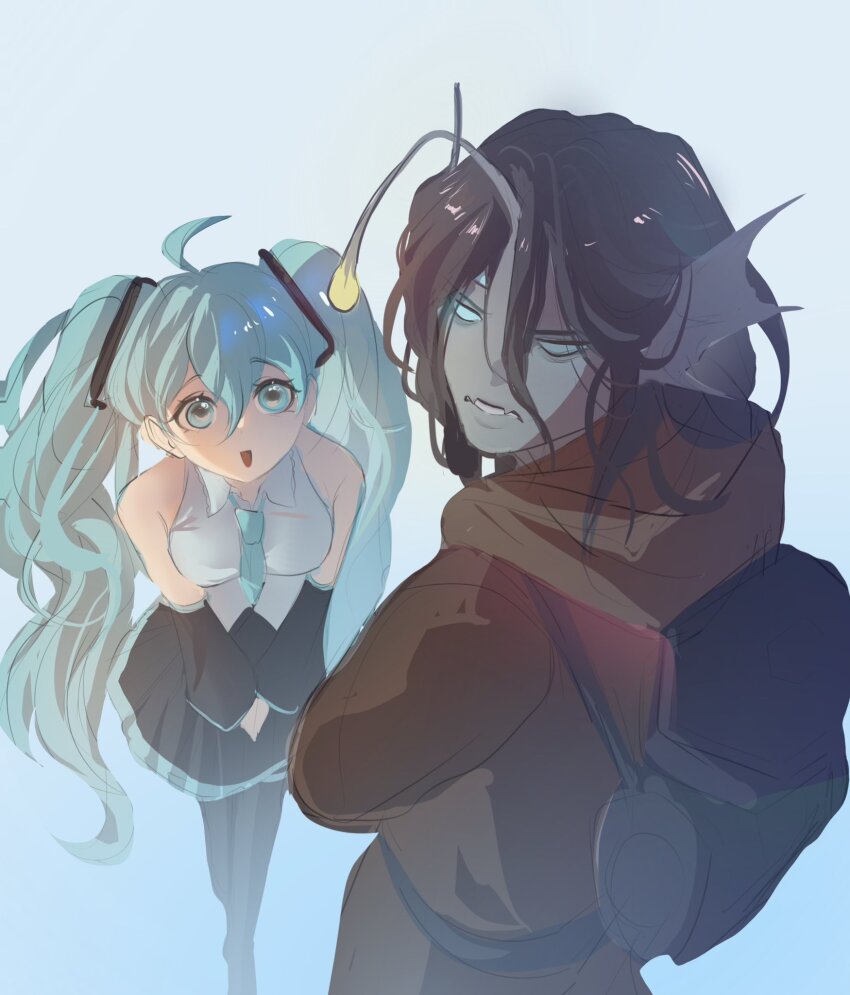 1boy 1girl :d ahoge backpack bag black_hair black_pantyhose black_skirt blue_eyes blue_necktie brown_jacket catnip_cataria clenched_teeth collared_shirt crossed_arms crossover detached_sleeves empty_eyes extra_eyes eye_color_connection fins from_above full_body hair_between_eyes hatsune_miku head_fins highres hood hood_down jacket looking_at_viewer necktie open_mouth pantyhose pressure_(roblox) sebastian_solace shirt sidelocks skirt sleeveless sleeveless_shirt smile teeth twintails vocaloid white_shirt