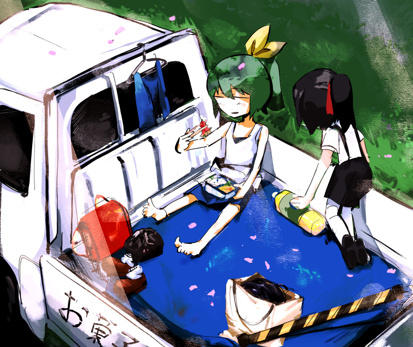 2girls absurdres bento black_hair black_shoes black_skirt blue_skirt bow brown_shoes chopsticks closed_eyes commentary_request cookie_(touhou) daiyousei diyusi_(cookie) food food_art full_body grass green_hair hair_bow high_ponytail highres holding holding_chopsticks ishizaki_(ishizaki100) kei_truck motor_vehicle multiple_girls open_mouth pickup_truck ponytail red_bow shirt shoes short_hair sitting siyudi_(cookie) skirt suspender_skirt suspenders tako-san_wiener tank_top touhou truck unworn_shoes white_shirt white_tank_top yellow_bow