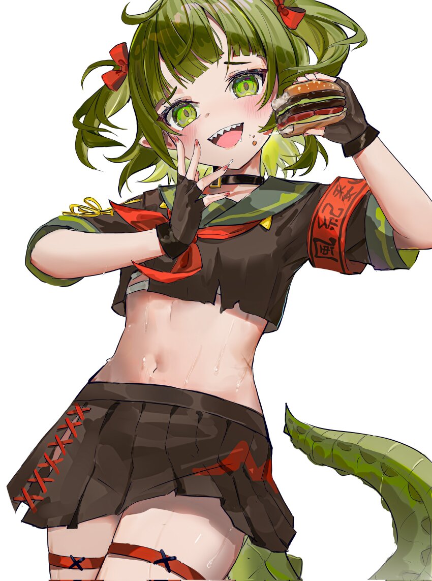 1girl absurdres armband black_gloves burger cawfy copyright_request crocodile_girl crocodilian_tail fingerless_gloves flat_chest food gloves green_eyes green_hair hair_ribbon highres holding holding_burger holding_food midriff nitya_nil phase_connect red_nails ribbon sharp_teeth shirt skirt smug sweat sweatdrop tail teeth thigh_strap twintails virtual_youtuber