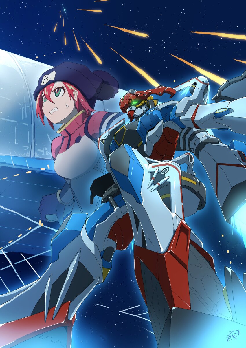 1girl absurdres amate_yuzuriha aqua_eyes bodysuit closed_mouth gquuuuuux green_eyes gundam gundam_gquuuuuux hat highres hitsuji_(pokky502) mecha mecha_pilot_suit mobile_suit multicolored_bodysuit normal_suit_(gundam) red_hair robot science_fiction short_hair space_habitat thrusters v-fin weapon