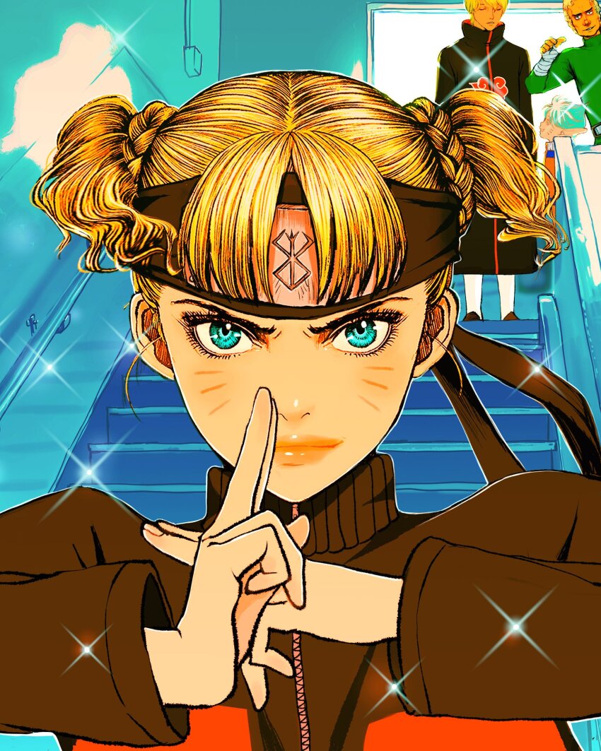 1girl 3boys akatsuki_uniform berserk blonde_hair blue_eyes closed_mouth cosplay farnese_(berserk) forehead_protector hand_gesture highres light_smile lips long_sleeves looking_at_another looking_at_viewer magnifico_de_vandimion might_guy might_guy_(cosplay) multiple_boys naruto_(series) nisino2222 parody pointing pointing_at_self puck_(berserk) serpico_(berserk) stairs uzumaki_naruto uzumaki_naruto_(cosplay) whiskers