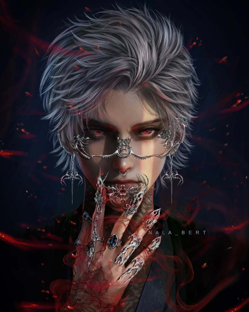 1boy claw_ring closed_mouth commentary_request earrings face_piercing hand_on_own_face hand_tattoo highres jewelry looking_at_viewer love_and_deepspace male_focus muzzle_(mask) nala_bert neck_tattoo nose nose_piercing parted_bangs piercing portrait red_eyes short_hair solo sylus_(love_and_deepspace) tattoo white_hair
