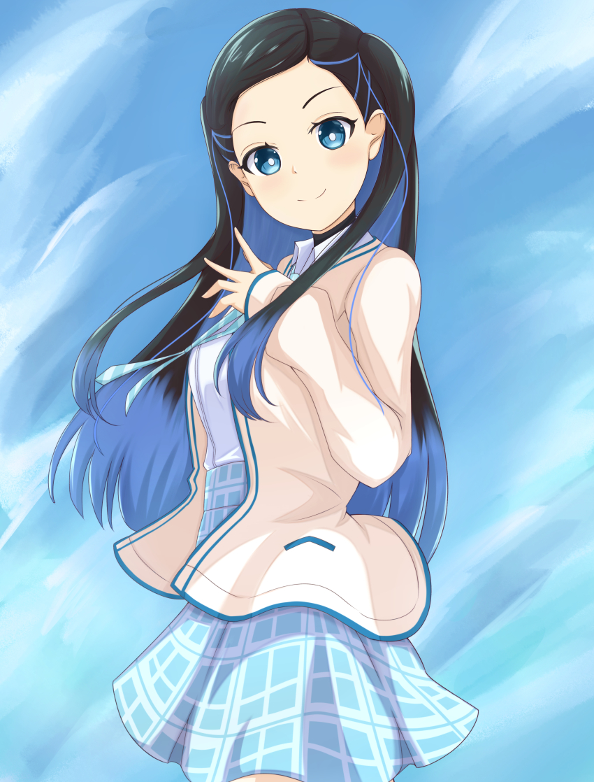 1girl 22/7 absurdres aqua_eyes aqua_hair aqua_skirt black_hair blue_background closed_mouth collared_shirt cowboy_shot from_side gradient_hair highres jacket long_hair long_sleeves looking_at_viewer looking_to_the_side multicolored_hair nishiura_sora open_clothes open_jacket plaid_clothes plaid_skirt shirt skirt smile solo standing takumitu_711 two_side_up white_jacket white_shirt