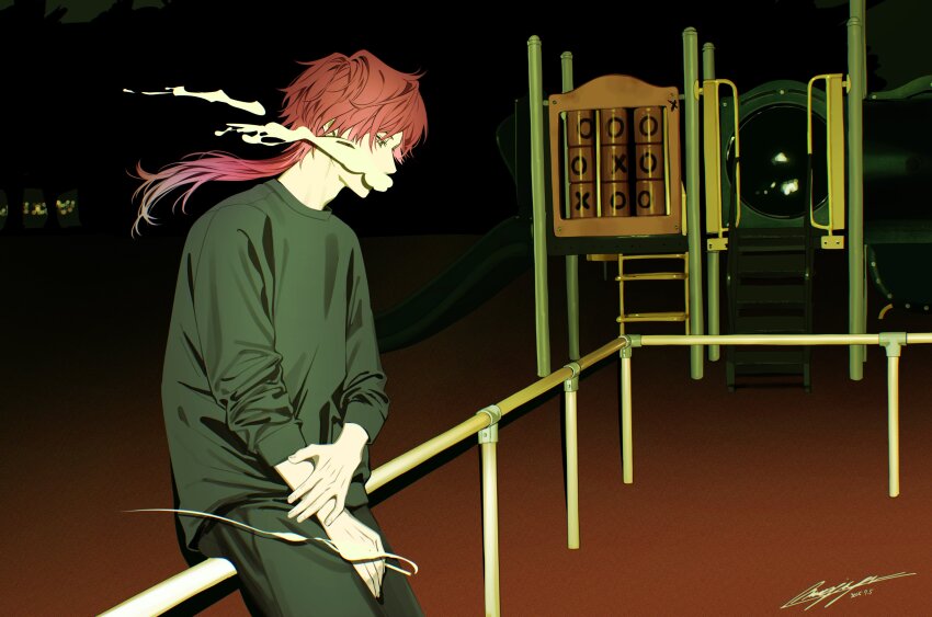 1boy absurdres alternate_costume black_pants black_sweater camera_flash cigarette covered_mouth cowboy_shot dated expressionless floating_hair from_side gradient_hair green_eyes half-closed_eyes hand_on_own_arm highres lauren_iroas long_hair long_sleeves looking_down male_focus mugi_oyasumi multicolored_hair night nijisanji outdoors pale_skin pants park playground rattail red_hair signature sitting sleeves_rolled_up slide smoke smoke_trail smoking solo sweater sweatpants virtual_youtuber