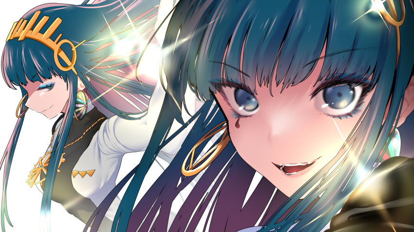 1girl blue_eyeshadow cleopatra_(fate) close-up commentary earrings eyeshadow fate/grand_order fate_(series) gold_hairband green_eyes green_hair hairband highres jewelry long_hair makeup smile sparkle yakuoyoso