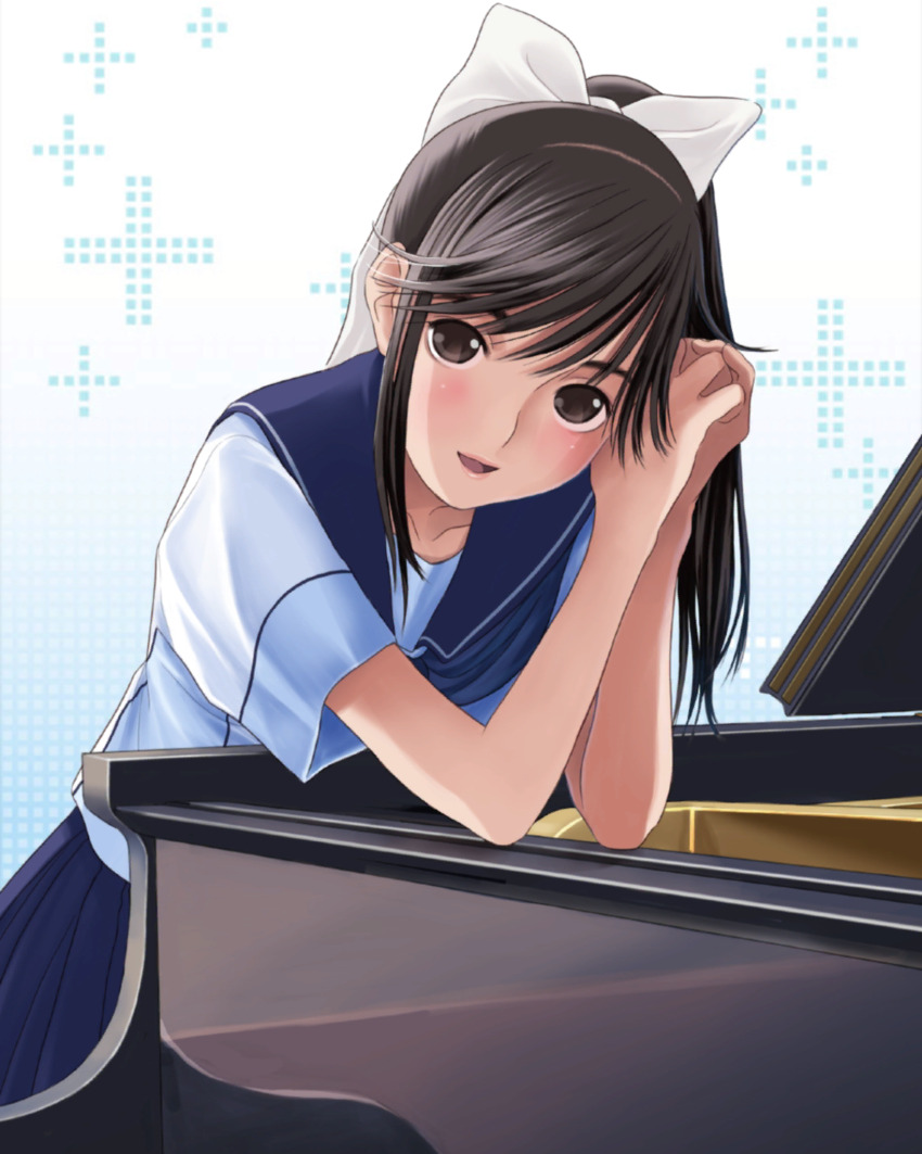 1girl aqua_background black_hair blue_neckerchief blue_sailor_collar blue_skirt blush bow brown_eyes collarbone cowboy_shot elbow_rest gradient_background grand_piano hair_bow hair_ribbon highres instrument long_hair looking_at_viewer love_plus neckerchief official_art open_mouth own_hands_together piano pink_lips pleated_skirt plus_sign ponytail ribbon sailor_collar school_uniform serafuku short_sleeves skirt smile solo standing summer_uniform takane_manaka white_bow