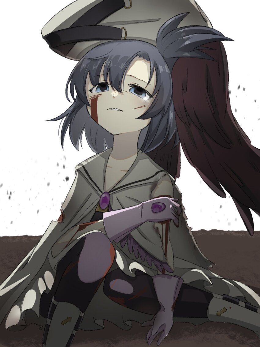 1girl asako_koito blood blood_on_face blue_eyes blue_hair cape gloves haonkpizfz44569 hat highres looking_at_viewer mahou_shoujo_madoka_magica mahou_shoujo_oriko_magica medium_hair sitting solo white_cape white_gloves