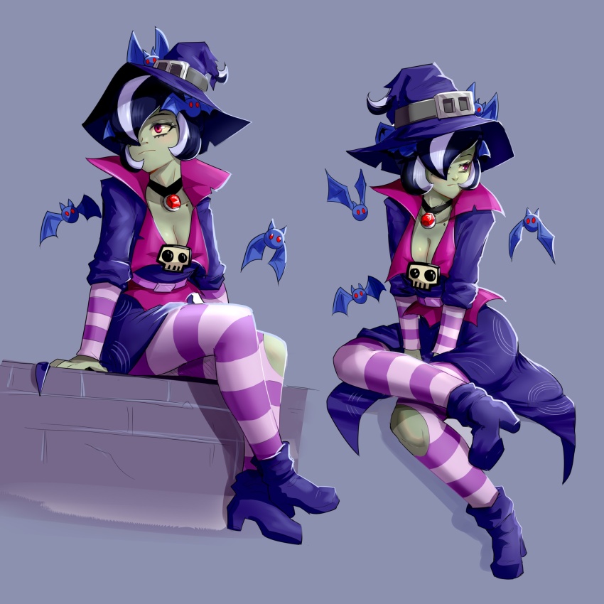 bat_(animal) belt belt_buckle black_hair blue_background breasts brick_wall buckle collar colored_skin edz_drawz gem green_skin hat highres horizontal-striped_sleeves horizontal-striped_thighhighs immorticia_(plants_vs_zombies_heroes) jewelry looking_to_the_side medium_breasts necklace pink_collar plants_vs._zombies plants_vs._zombies_heroes purple_shirt purple_shoes purple_skirt purple_sleeves purple_thighhighs red_eyes red_gemstone shirt shirt_under_shirt shoes simple_background sitting sitting_on_object sitting_on_wall skirt skull_ornament striped_clothes striped_sleeves striped_thighhighs thighhighs witch_hat zombie