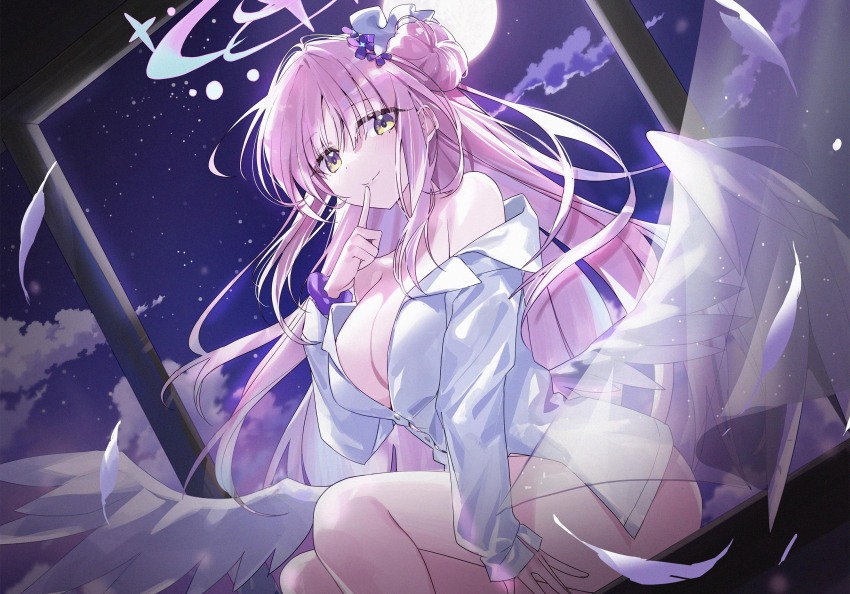 1girl b_soyo1 bare_legs bare_shoulders blue_archive breasts cleavage feathered_wings flower hair_between_eyes hair_bun hair_flower hair_ornament hair_scrunchie hand_to_own_mouth highres large_breasts long_hair looking_at_viewer mika_(blue_archive) night night_sky no_pants pink_hair purple_flower scrunchie shirt shirt_partially_removed sidelocks sitting sky white_shirt wings yellow_eyes