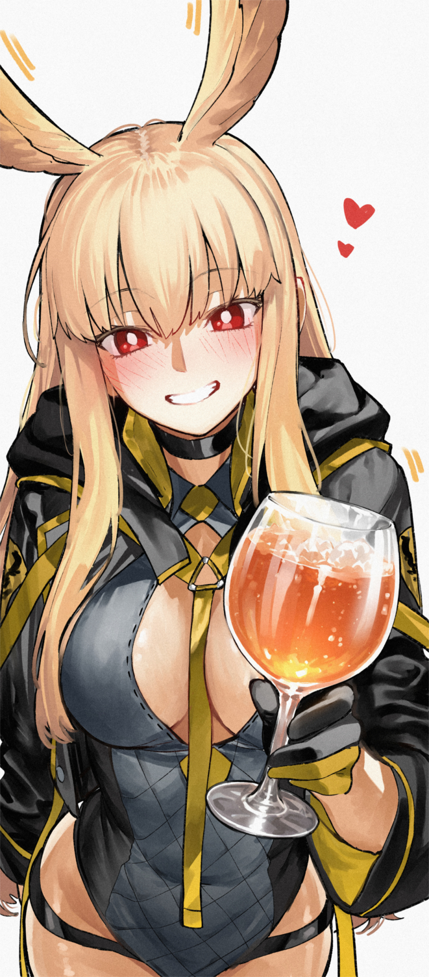 absurdres blonde_hair blush breasts cup drinking_glass fate/grand_order fate_(series) feathered_wings head_wings heart highres kamisato_sora long_hair looking_at_viewer medium_breasts red_eyes smile solo swimsuit thrud_(fate) thrud_(swimsuit_assassin)_(fate) valkyrie_(fate) wine_glass wings