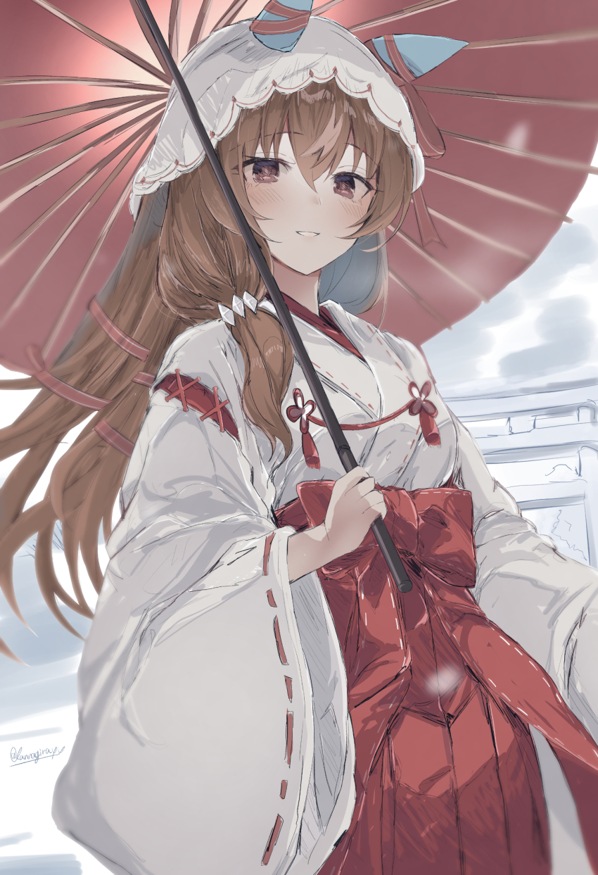 1girl alternate_costume animal_ears blurry blurry_background blush breasts brown_hair commentary_request hair_between_eyes hair_ornament highres horse_ears horse_girl japanese_clothes kannagiray long_hair looking_at_viewer miko red_eyes small_breasts solo still_in_love_(umamusume) umamusume umbrella veil white_background