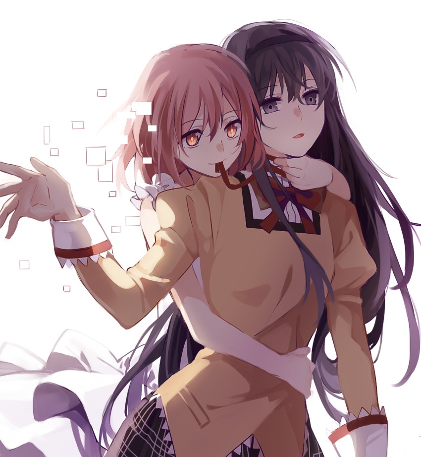 10s 2girls akemi_homura black_hair black_hairband digital_dissolve dress hairband highres kaname_madoka long_hair mahou_shoujo_madoka_magica multiple_girls pink_hair purple_eyes school_uniform short_hair spoilers ultimate_madoka wraith_(madoka_magica) wraith_madoka yellow_eyes yuri zgxuke