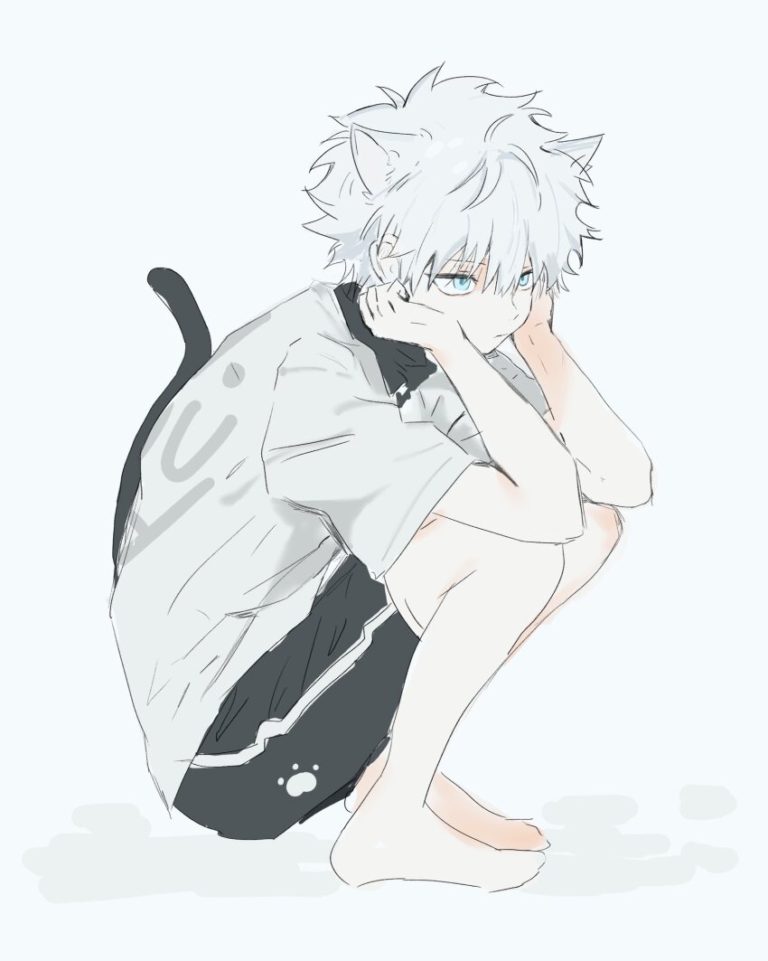 1boy animal_ears barefoot black_shorts blue_eyes cat_boy cat_ears cat_tail closed_mouth commentary_request elbows_on_knees full_body highres hunter_x_hunter invisible_chair killua_zoldyck korean_commentary looking_ahead male_focus moxxss7 shirt short_sleeves shorts single_stripe single_vertical_stripe sitting solo striped_clothes striped_shorts tail vertical-striped_clothes vertical-striped_shorts white_hair white_shirt