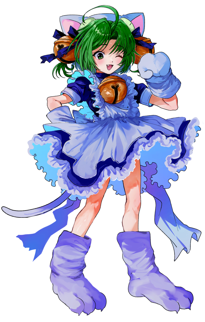 1girl ;d absurdres ahoge animal_hat apron bell blue_dress blue_ribbon cat_girl cat_hat cat_tail commentary_request dejiko di_gi_charat dress fang full_body green_eyes green_hair hair_bell hair_ornament hair_ribbon hand_on_own_hip hand_up hat highres jingle_bell medium_hair mittens neck_bell one_eye_closed open_mouth parted_bangs paw_shoes ribbon shoes short_sleeves smile solo standing tail vsr6w5t3yd94617 white_apron white_background white_hat white_mittens white_shoes
