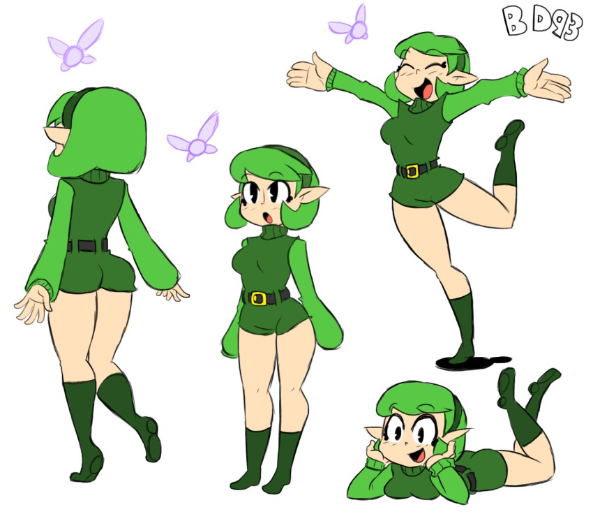 1girl ass bigdead black_eyes boots breasts reference_sheet collage fairy female_focus flat_color green_boots green_hair highres kokiri lying nintendo on_stomach pointy_ears saria_(zelda) short_hair small_breasts smile solo the_legend_of_zelda the_legend_of_zelda:_ocarina_of_time tunic unitard white_background
