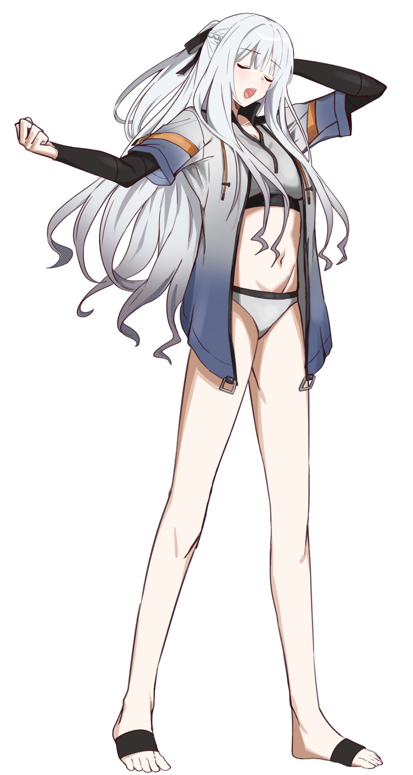 1girl absurdres ak-12_(age_of_slushies)_(girls&#039;_frontline) ak-12_(girls&#039;_frontline) arm_behind_head bare_legs black_ribbon braid breasts closed_eyes dated_commentary full_body girls&#039;_frontline grey_jacket grey_one-piece_swimsuit hair_ribbon highres jacket legs long_hair loveu navel official_alternate_costume one-piece_swimsuit open_clothes open_jacket open_mouth ponytail ribbon short_sleeves sidelocks simple_background solo standing swimsuit white_background white_hair