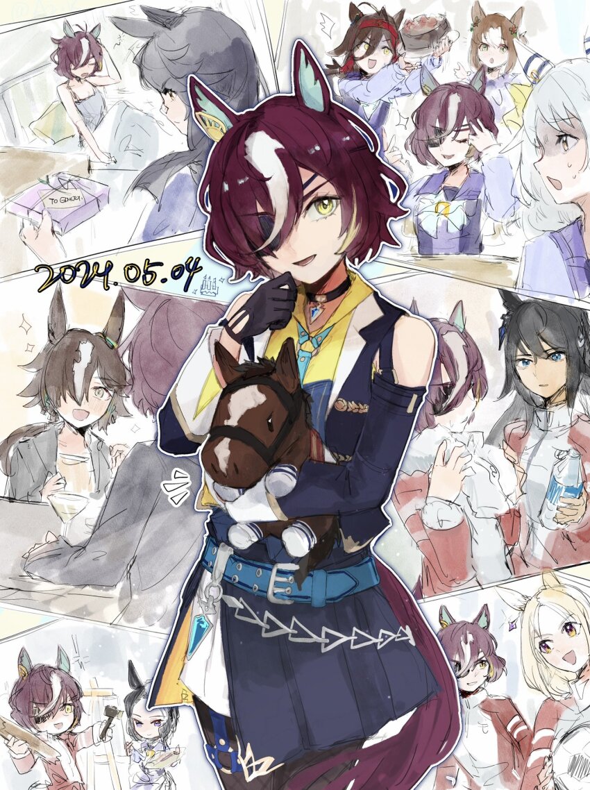 6+girls :d animal_ears az_(azkin_g) ball bare_shoulders birthday black_gloves black_hair black_jacket blonde_hair blue_eyes broken_fence brown_eyes brown_hair cake creature_and_personification dark-skinned_female dark_skin dated doll ear_covers earrings eyepatch fine_motion_(umamusume) food gloves green_eyes grey_hair hachimaki hair_between_eyes hair_over_one_eye hammer headband highres hishi_miracle_(umamusume) holding holding_ball holding_cake holding_doll holding_food holding_hammer holding_paint_palette holding_paint_palette horse_ears horse_girl jacket jewelry long_hair long_sleeves low_ponytail mejiro_ramonu_(umamusume) multicolored_hair multiple_girls narita_brian_(umamusume) narita_top_road_(umamusume) no_reason_(umamusume) open_mouth paint_palette paint_palette pants personification ponytail purple_hair red_headband short_hair single_ear_cover single_earring smile soccer_ball solo_focus sparkle streaked_hair stuffed_animal stuffed_horse stuffed_toy symboli_kris_s_(umamusume) tanino_gimlet_(racehorse) tanino_gimlet_(umamusume) tracen_training_uniform track_jacket track_pants umamusume vodka_(umamusume) white_hair yellow_eyes
