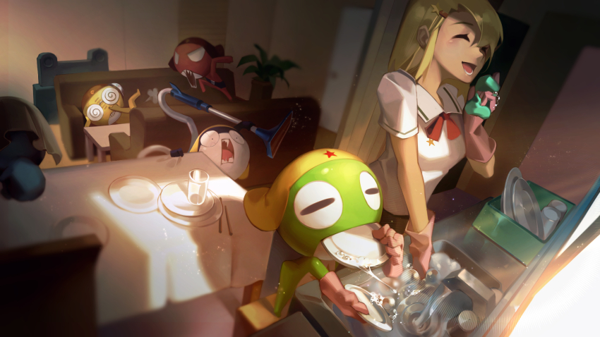1girl ^_^ angol_mois arguing blinking_inside_eyes blonde_hair cleaning closed_eyes creature dororo_(keroro_gunsou) faucet fighting giroro glass gloves hand_up happy highres holding holding_plate holding_sponge indoors keroro keroro_gunsou kururu_(keroro_gunsou) light_particles looking_at_another lower_teeth_only mouth_hold pink_gloves plant plate potted_plant rectangular_mouth rubber_gloves segye_drw shadow shirt short_sleeves sink slice_of_life soap_bubbles sponge sunlight table tamama teeth vacuum_cleaner water white_shirt window