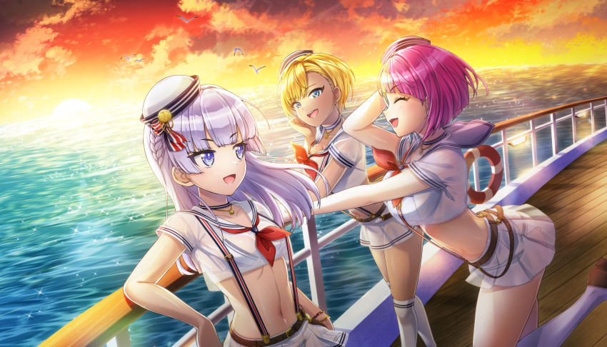 3girls bare_arms belt_buckle bird blonde_hair blue_eyes buckle choker closed_eyes cloud cropped_shirt dolphin_wave game_cg green_hair handrail hat helly_lewis highres long_hair midriff multicolored_hair multiple_girls murahaya_mashio navel non-web_source ocean official_art ootomo_takuji open_mouth pleated_skirt purple_eyes purple_hair sailor sailor_collar schnee_weissberg short_hair short_sleeves skirt sunset suspenders two-tone_hair