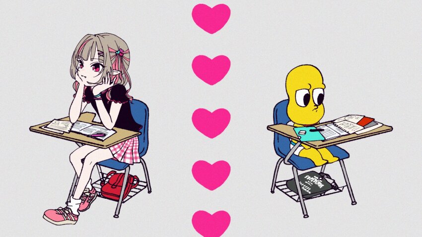 1boy 1girl desk grey_hair heart highres komazaki_tomomi makaino_ririmu mode_aim multicolored_hair nijisanji official_art peanuts-kun pink_eyes pink_hair pointy_ears school_desk shoes sitting skirt sneakers two-tone_hair virtual_youtuber