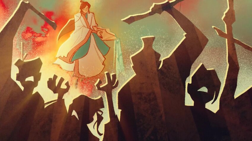 1boy abstract_background amonimy brown_hair chinese_clothes closed_eyes floating full_body gold_trim green_background green_lining hair_bun hanfu hat highres long_hair long_sleeves male_focus no_mouth outline pouring red_background rice_hat silhouette single_hair_bun solo_focus surrounded tianguan_cifu very_long_hair water white_hanfu wide_sleeves xie_lian xie_lian_(flower_crowned_martial_god) yellow_outline