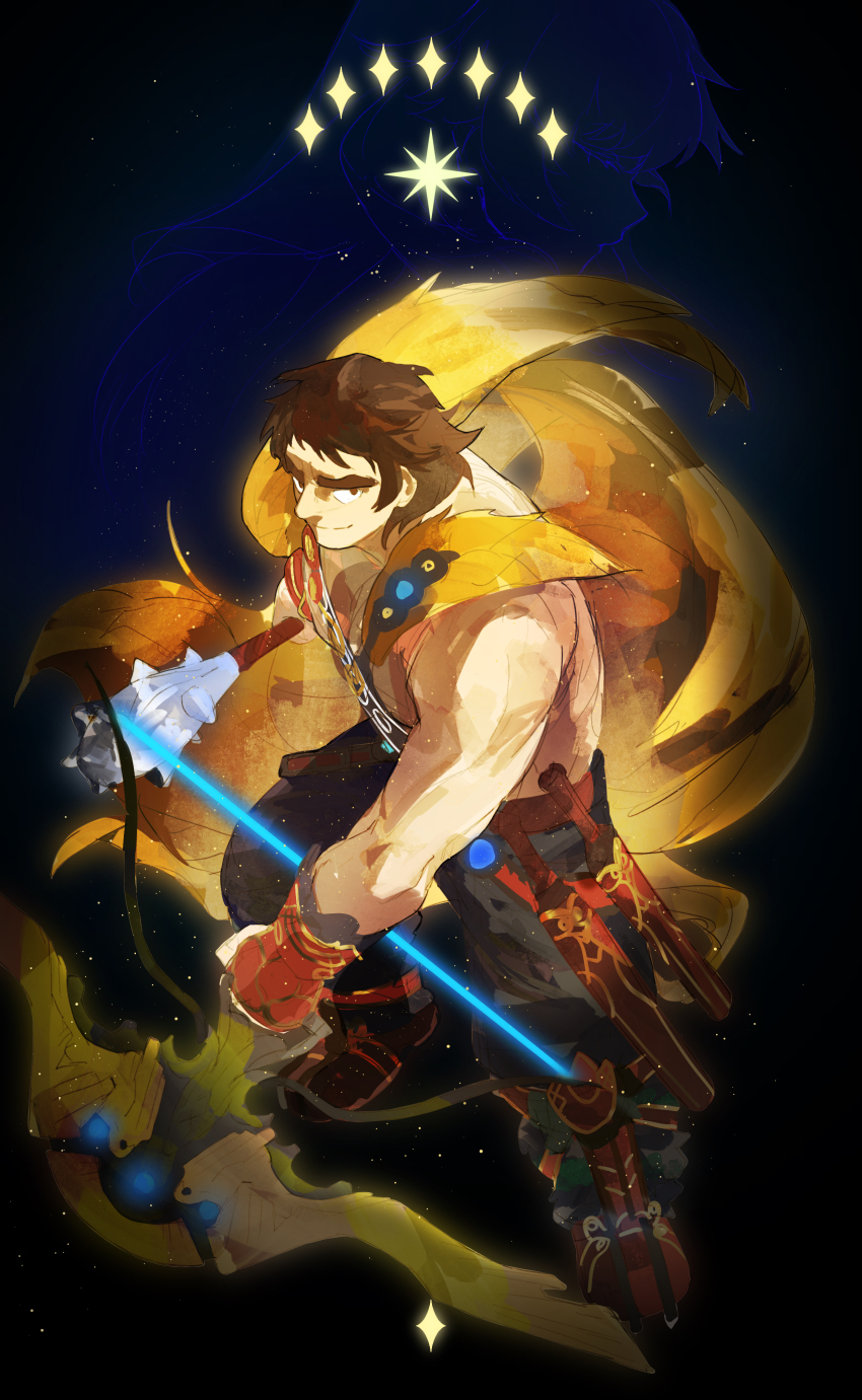 1boy abs absurdres arm_at_side armored_boots armored_gloves artemis_(fate) bara bare_pectorals belt belt_pouch big_nose black_pants blue_background boots bow_(weapon) brown_hair cape club club_(weapon) fate/grand_order fate_(series) fingerless_gloves fui_(fui29493452) full_body fur-trimmed_gloves fur_boots fur_trim gloves glowing highres holding holding_bow_(weapon) holding_club holding_weapon large_pectorals legs_apart light_particles looking_at_viewer male_focus medium_hair muscular muscular_male open_mouth pants pectorals pelt pouch sash sheath sheathed shoulder_sash smile solo sparkle spiked_club star_(symbol) super_orion_(fate) sword teeth thick_eyebrows topless_male veins weapon yellow_cape
