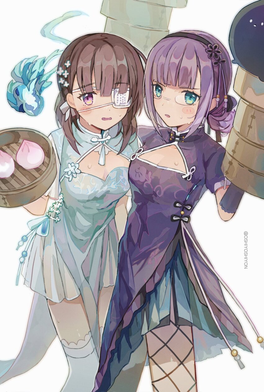 2girls bamboo_steamer steamed_bun breasts brown_hair china_dress chinese_clothes cleavage dress drill_hair eyepatch fishnet_thighhighs fishnets food gloves green_eyes hair_ornament heaven_burns_red highres higuchi_seika hiiragi_kozue medium_breasts multiple_girls narvy_(heaven_burns_red) one_eye_covered oshiyoshiyon pelvic_curtain purple_eyes purple_hair ribbon semi-rimless_eyewear small_breasts thighhighs twin_drills white_background
