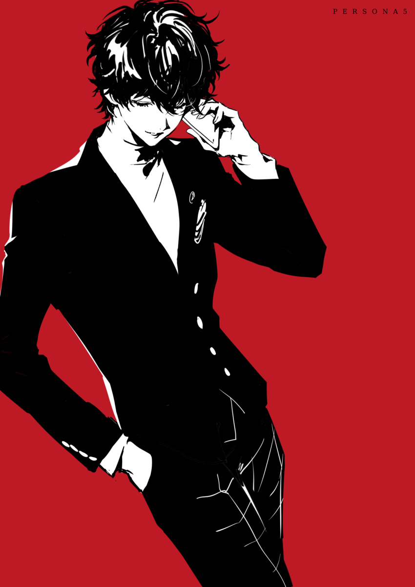 1boy amamiya_ren cellphone closed_mouth copyright_name doran_(doran7280) greyscale greyscale_with_colored_background hair_between_eyes hand_in_pocket highres holding holding_phone jacket long_sleeves male_focus monochrome pants parted_lips persona persona_5 phone red_background school_uniform shuujin_academy_school_uniform simple_background smartphone solo