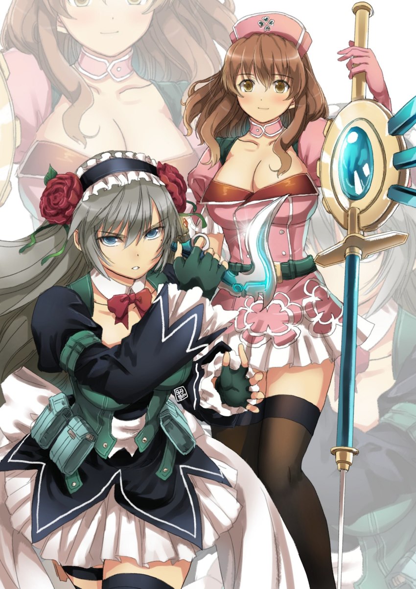 2girls bad_id bad_pixiv_id blue_eyes breasts brown_eyes brown_hair cleavage garimpeiro grey_hair hat highres holding holding_knife holding_syringe knife long_hair looking_at_viewer magical_girl mahou_shoujo_tokushusen_asuka mugen_kurumi multiple_girls nurse_cap ootorii_asuka open_mouth syringe zoom_layer
