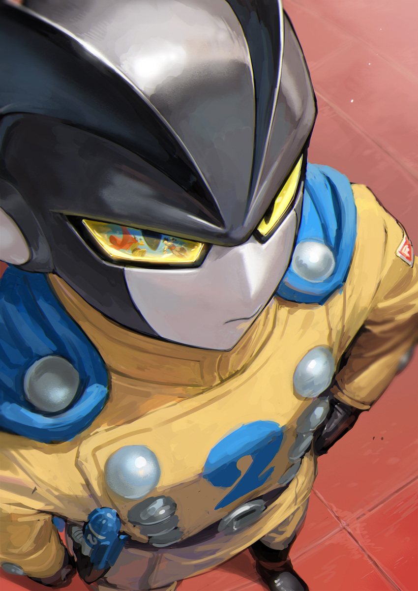 3boys black_footwear black_gloves black_hair blue_cape boots buttons cape closed_mouth cloud colored_sclera colored_skin commentary day double-breasted dougi dragon_ball dragon_ball_super dragon_ball_super_super_hero energy_gun english_commentary eye_reflection gamma_1 gamma_2 gloves gun hand_on_own_hip highres itsuki_(nightlight) jacket looking_at_viewer male_focus multiple_boys outdoors pants ray_gun red_ribbon_army reflection sky solo_focus son_gohan spiked_hair standing weapon yellow_jacket yellow_pants yellow_sclera